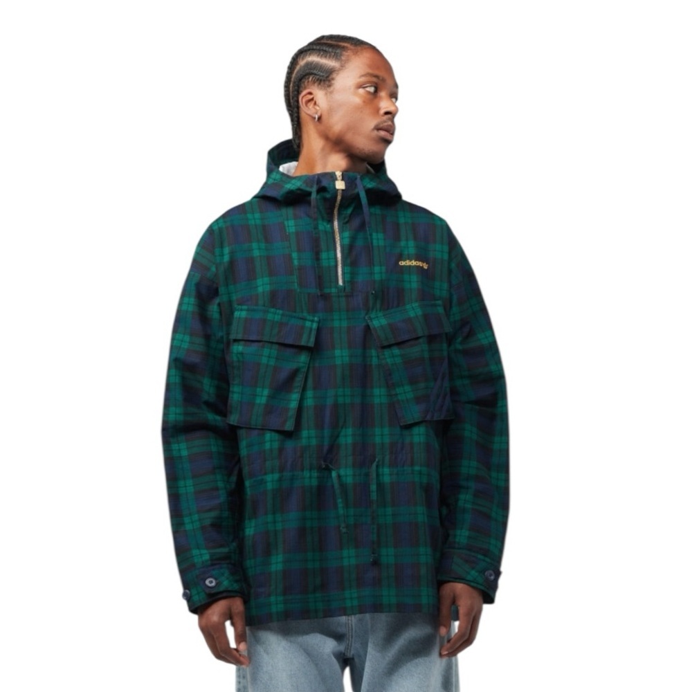 ADIDAS Loose Fit Hooded Pullover 1/4 Zip Plaid Windbreaker NEW